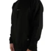 Model wearing the black athletic fit "[RHXSM]" hoodie (front view), highlighting the subtle front print of this designer-inspired workout gear.