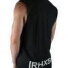 Model wearing the black "[RHXSM]" tank (back view), representing resilience with the powerful back graphic from the calisthenics clothing brand RHSM.