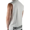 Model wearing the white "[RHXSM]" tank (back view), showcasing the impactful back design from the calisthenics clothing brand RHSM.