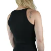 Model wearing the black "[RHXSM]" crop top (back view), showcasing the racerback design from the calisthenics clothing brand RHSM.