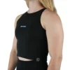 Model wearing the black "[RHXSM]" skin tight crop top (front view), demonstrating the flattering fit of this women's workout gear.