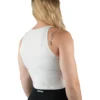 Model wearing the white "[RHXSM]" crop top (back view), demonstrating the freedom of movement provided by the racerback design.