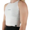 Model wearing the white "[RHXSM]" skin tight crop top (front view), highlighting the supportive fit of this essential women's workout gear.