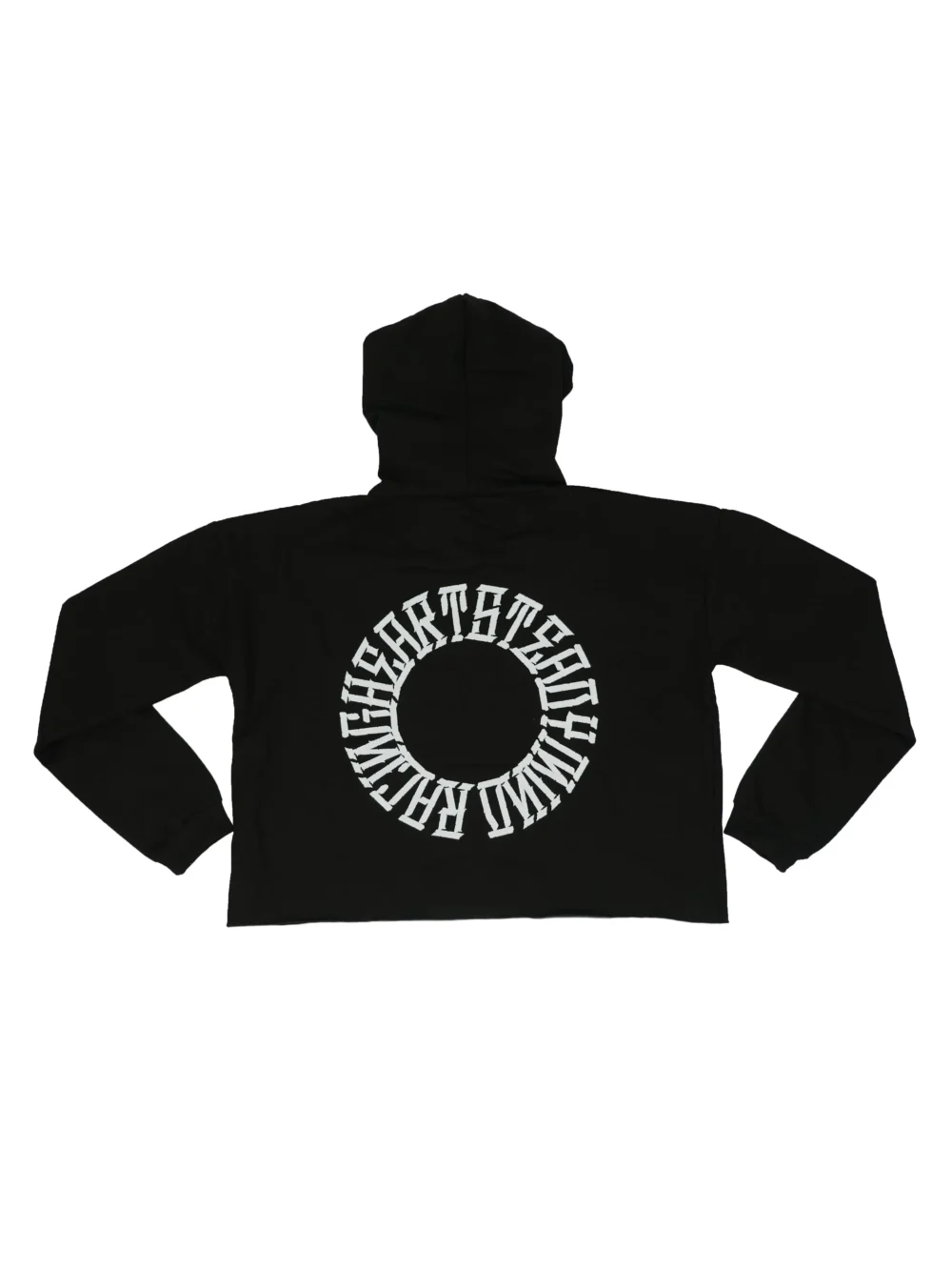 Back view of the black RHSM cropped hoodie laid flat, showcasing the "Racing Heart Steady Mind" graphic from the RHSM calisthenics clothing brand.