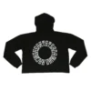Back view of the black RHSM cropped hoodie laid flat, showcasing the "Racing Heart Steady Mind" graphic from the RHSM calisthenics clothing brand.