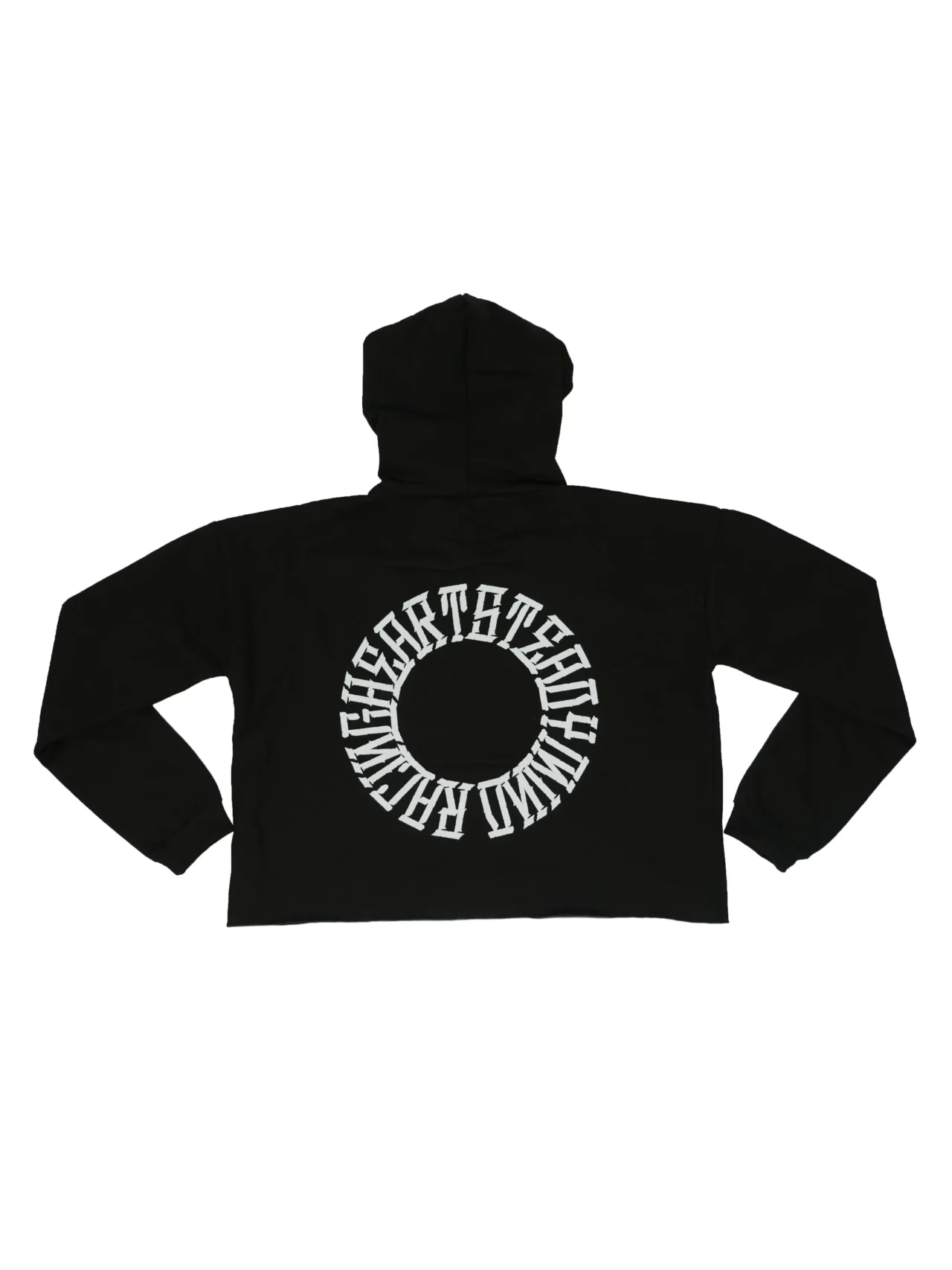 Back view of the black RHSM cropped hoodie laid flat, showcasing the "Racing Heart Steady Mind" graphic from the RHSM calisthenics clothing brand.