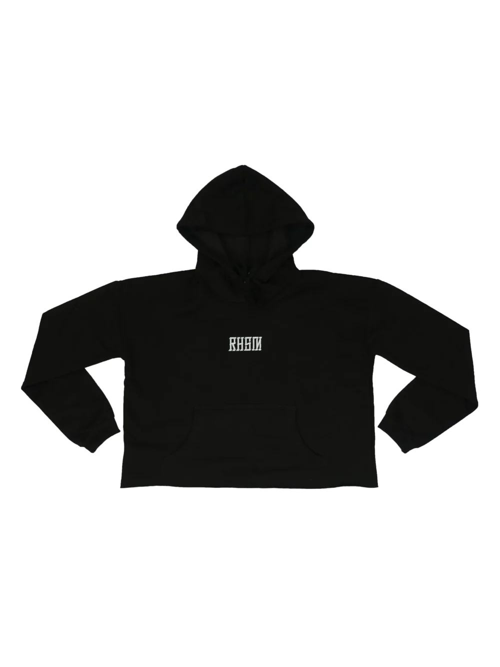 RHSM 1st Edition Women's Cropped Hoodie in black laid flat, showing the front classic RHSM logo on the calisthenics apparel.
