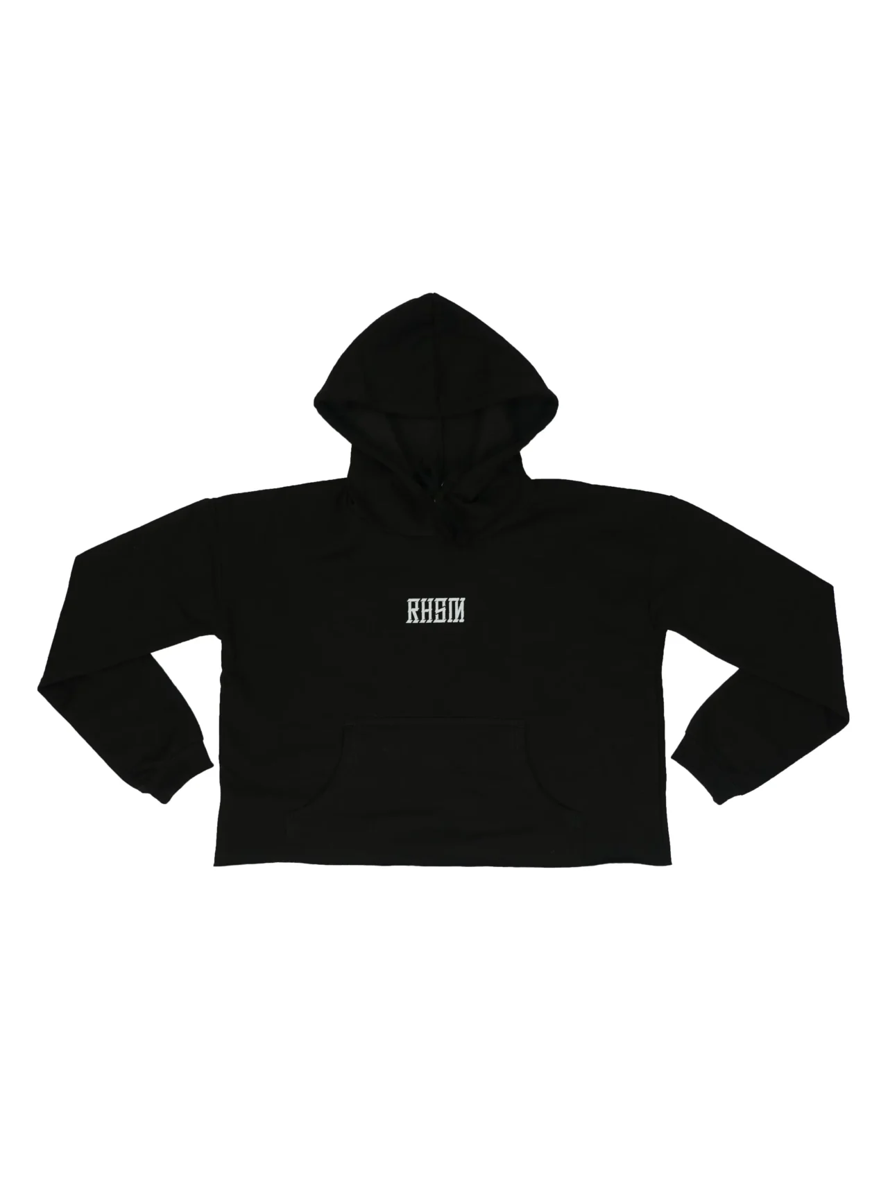 RHSM 1st Edition Women's Cropped Hoodie in black laid flat, showing the front classic RHSM logo on the calisthenics apparel.