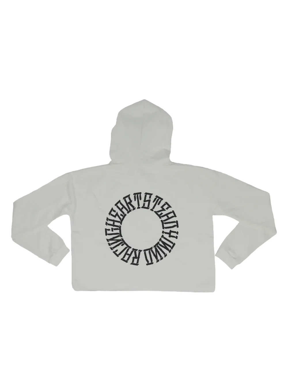 Back view of the white RHSM cropped hoodie laid flat, showcasing the "Racing Heart Steady Mind" graphic on the RHSM workout gear.