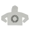 Back view of the white RHSM cropped hoodie laid flat, showcasing the "Racing Heart Steady Mind" graphic on the RHSM workout gear.