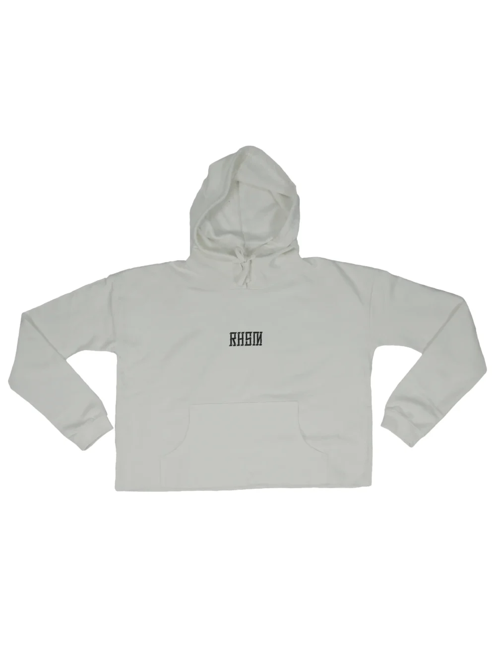 RHSM 1st Edition Women's Cropped Hoodie in white laid flat, showing the clean RHSM chest logo on the premium calisthenics apparel.