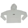 RHSM 1st Edition Women's Cropped Hoodie in white laid flat, showing the clean RHSM chest logo on the premium calisthenics apparel.