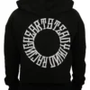 Model showing the back of the black cropped hoodie, highlighting the "Racing Heart Steady Mind" graphic on the premium RHSM workout gear.