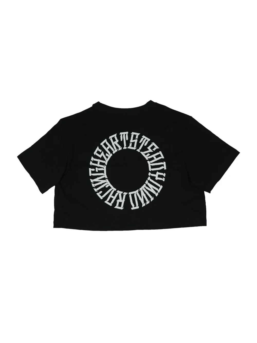Back view of the black RHSM 1st Edition tee laid flat, showcasing the "Racing Heart Steady Mind" graphic from the RHSM calisthenics clothing brand.
