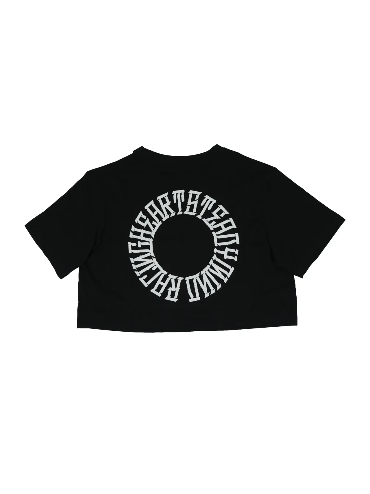 Back view of the black RHSM 1st Edition tee laid flat, showcasing the "Racing Heart Steady Mind" graphic from the RHSM calisthenics clothing brand.
