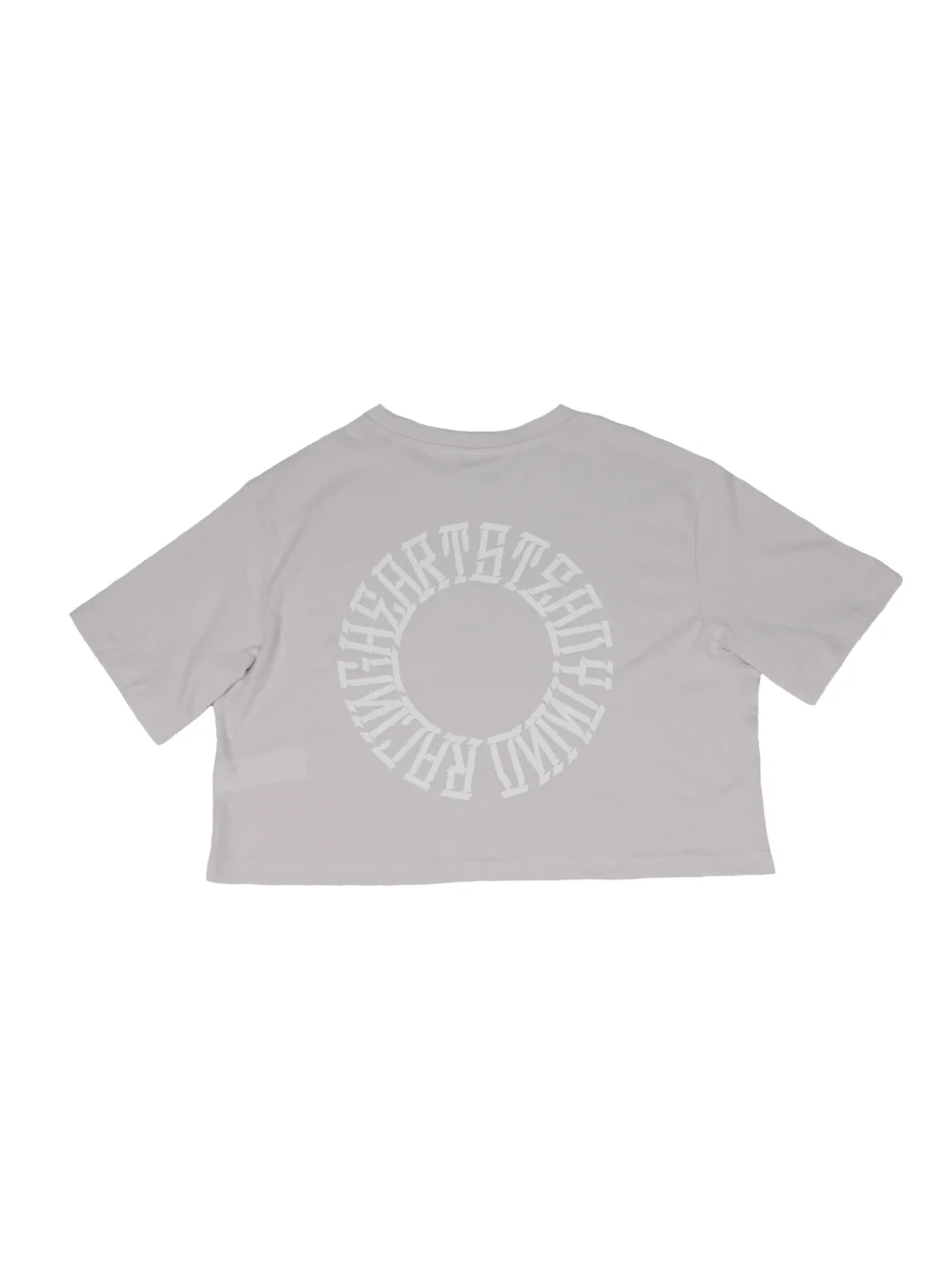Back view of the lilac RHSM 1st Edition tee laid flat, showcasing the "Racing Heart Steady Mind" graphic unique to this piece of calisthenics apparel.
