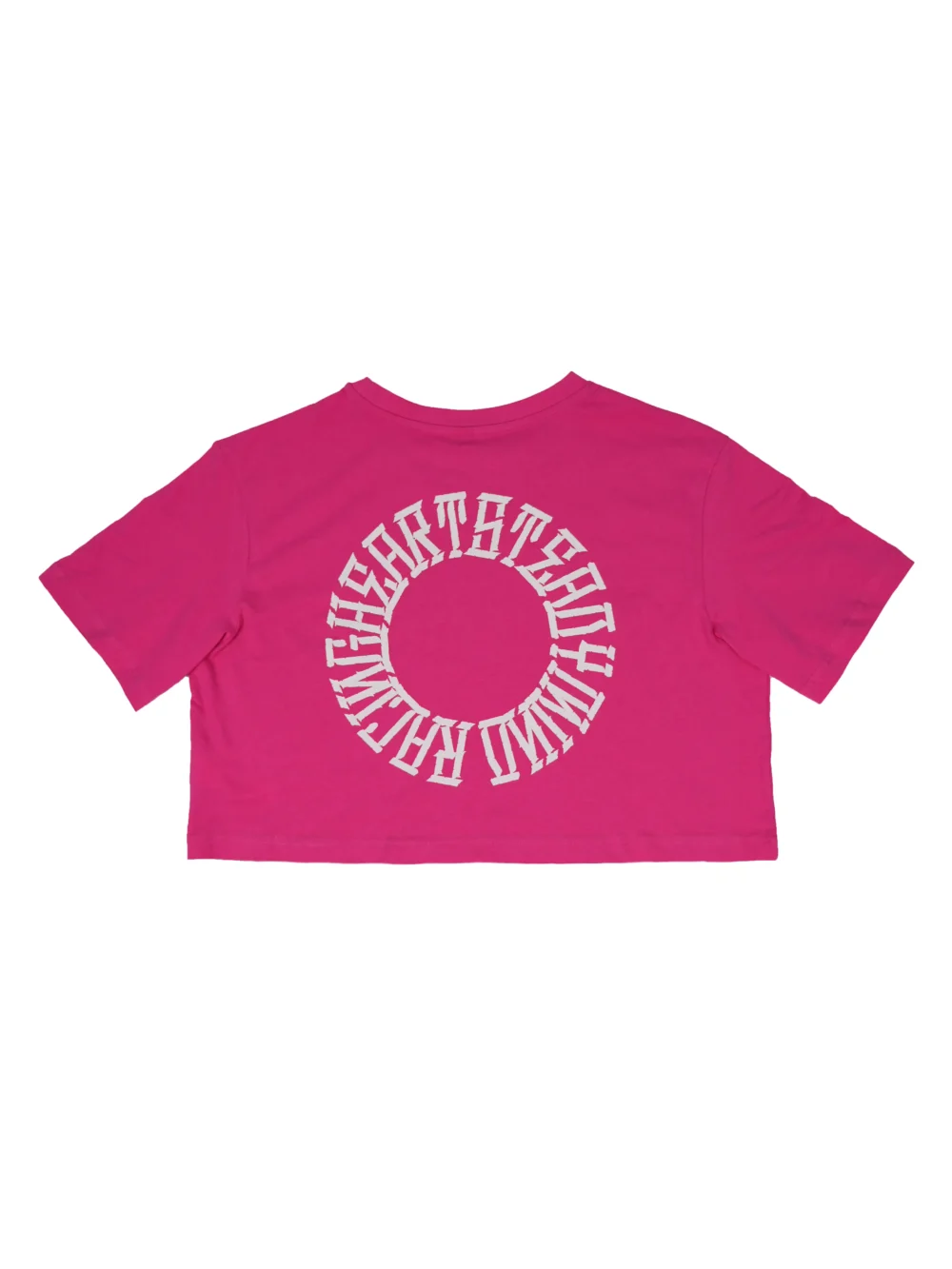 Back view of the pink RHSM 1st Edition tee laid flat, showing the iconic "Racing Heart Steady Mind" graphic of the RHSM workout gear.