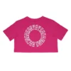 Back view of the pink RHSM 1st Edition tee laid flat, showing the iconic "Racing Heart Steady Mind" graphic of the RHSM workout gear.