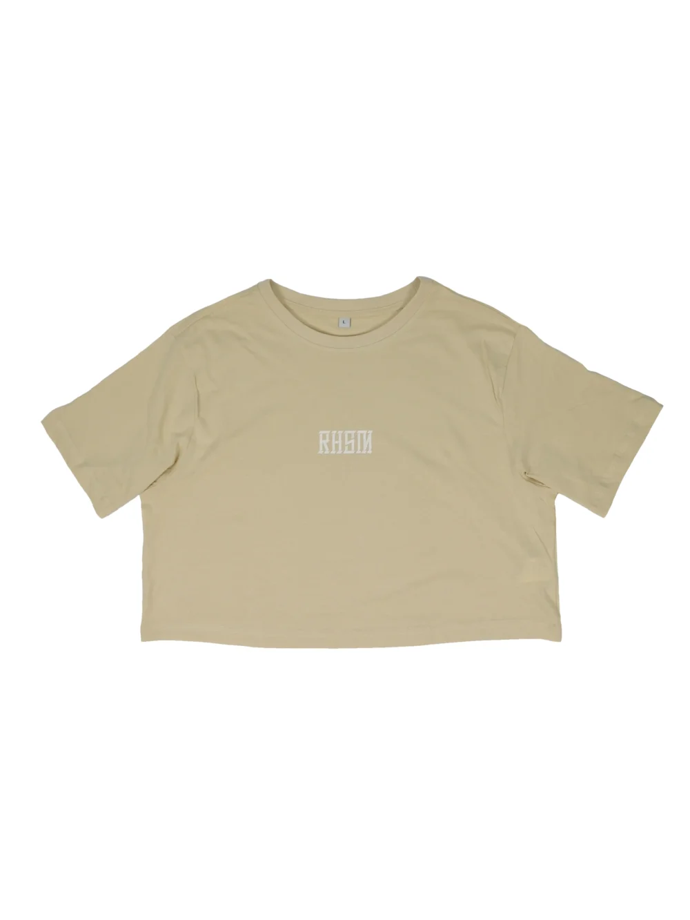 RHSM 1st Edition Women's Oversized Tee in sand laid flat, highlighting the quality construction of the 100% cotton fitness apparel.