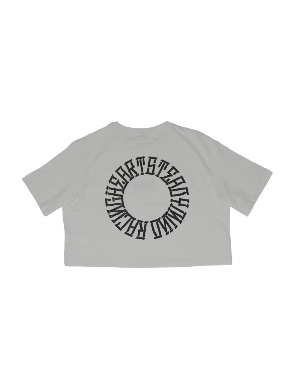Back view of the white RHSM 1st Edition tee laid flat, showcasing the "Racing Heart Steady Mind" graphic on the RHSM workout gear.