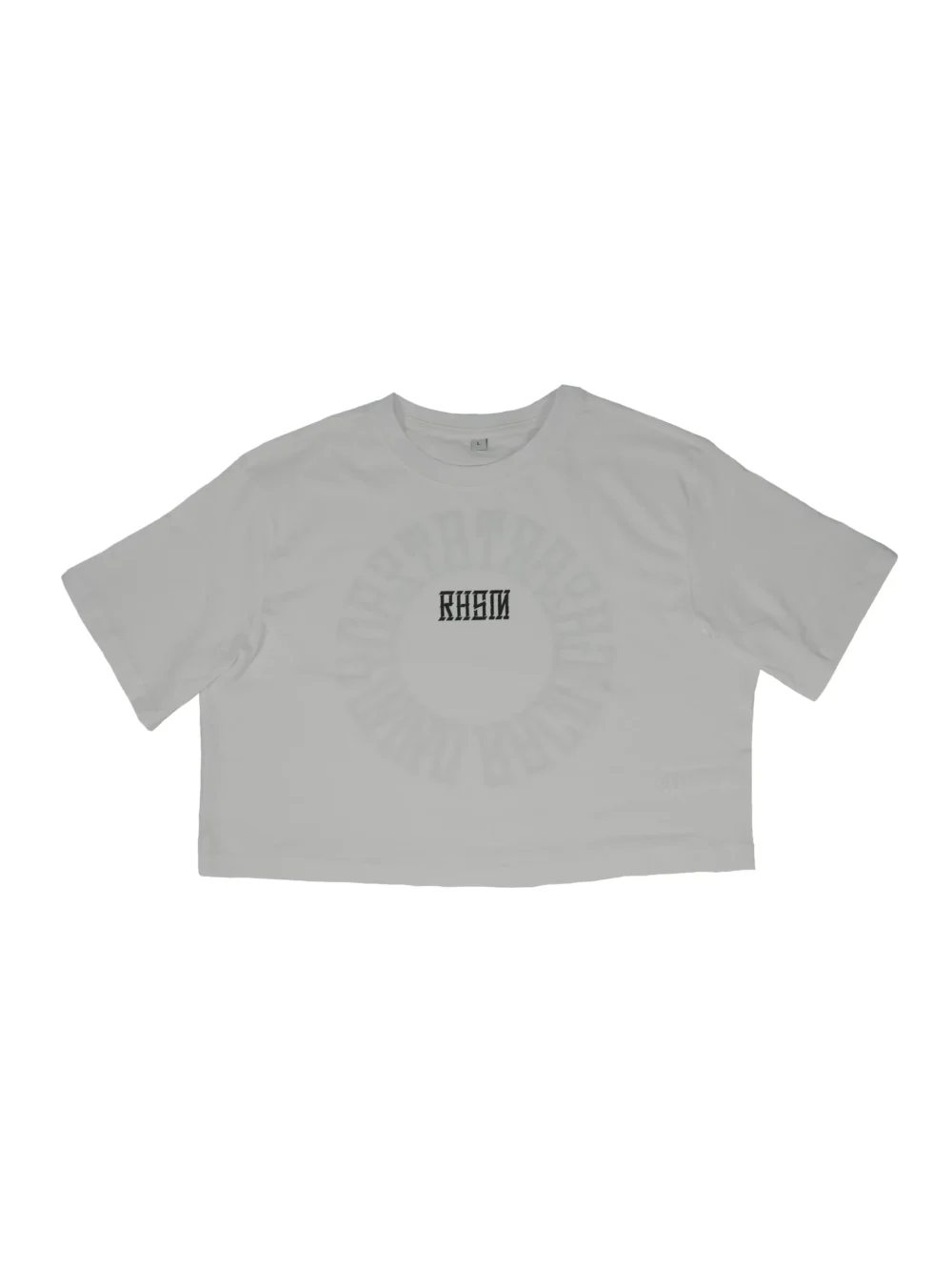 RHSM 1st Edition Women's Oversized Tee in white laid flat, showing the minimal front detail of the premium calisthenics apparel.