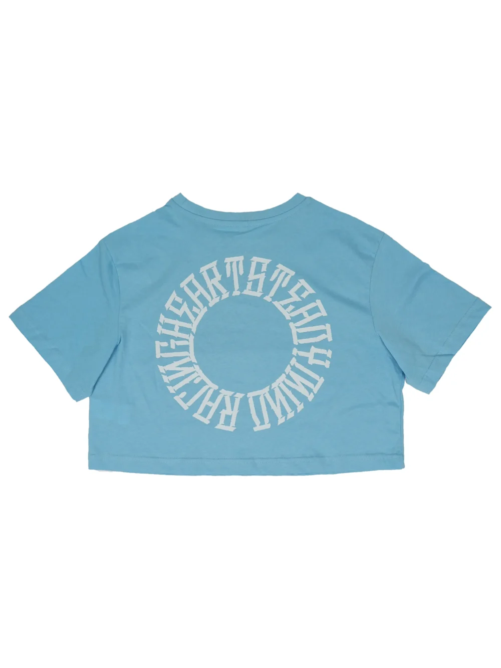 Back view of the baby blue RHSM 1st Edition tee laid flat, showing the signature "Racing Heart Steady Mind" graphic on the workout gear.