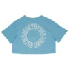 Back view of the baby blue RHSM 1st Edition tee laid flat, showing the signature "Racing Heart Steady Mind" graphic on the workout gear.