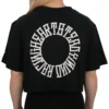 Model showing the back of the black oversized tee, highlighting the "Racing Heart Steady Mind" graphic on the premium RHSM workout gear.