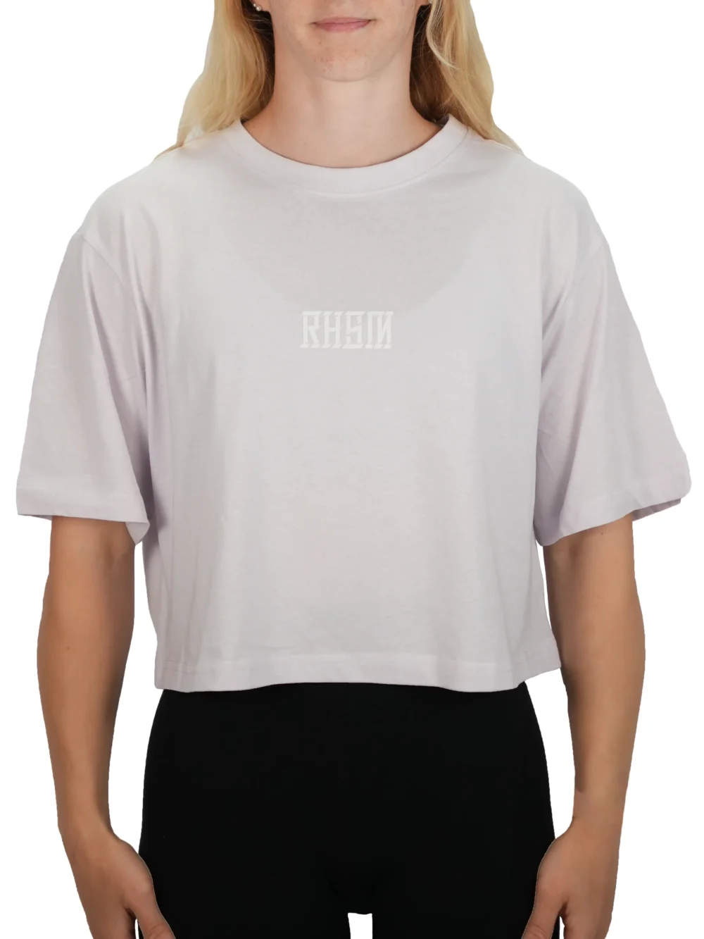 Model wearing the lilac RHSM 1st Edition oversized tee, demonstrating the comfortable fit of the RHSM fitness apparel.