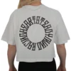 Model wearing the back of the white oversized tee, detailing the statement "Racing Heart Steady Mind" graphic from the RHSM calisthenics clothing brand.