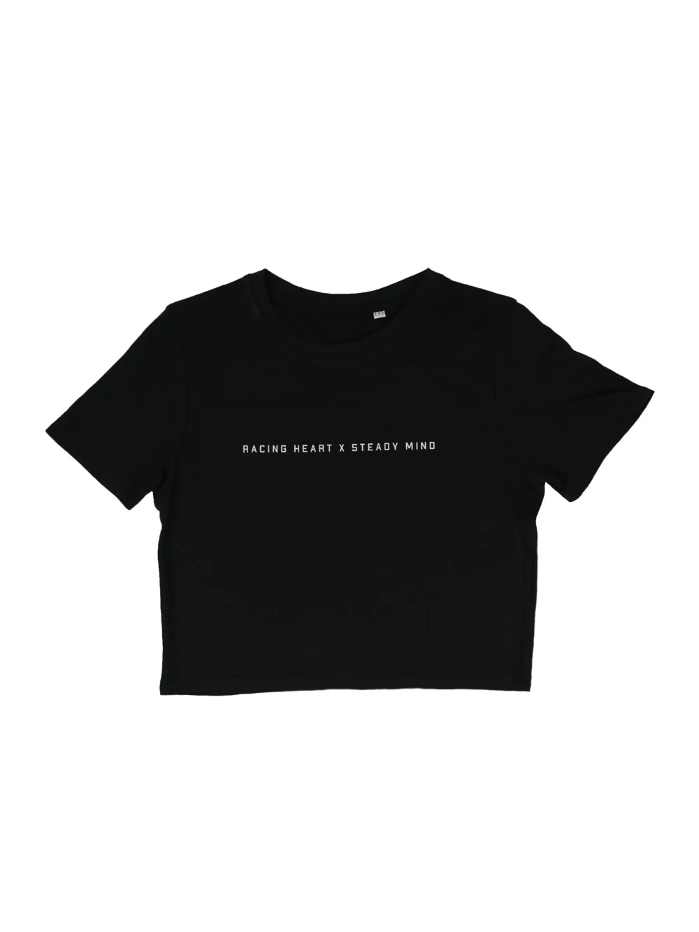 Flat lay of the black Classic Fit Crop Top, showing the minimalist white RHSM front graphic and its athletic cropped silhouette.