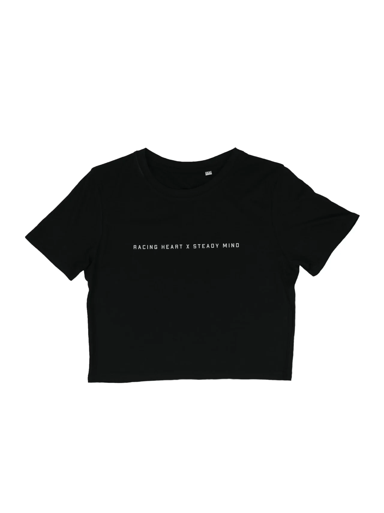 Flat lay of the black Classic Fit Crop Top, showing the minimalist white RHSM front graphic and its athletic cropped silhouette.