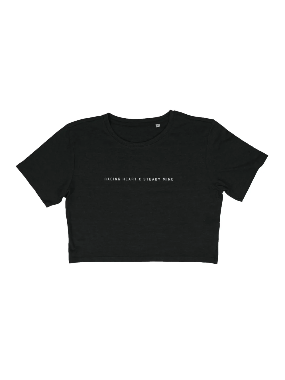 Flat lay of the gray Classic Fit Crop Top, showing the minimalist black RHSM front graphic and its athletic cropped silhouette.