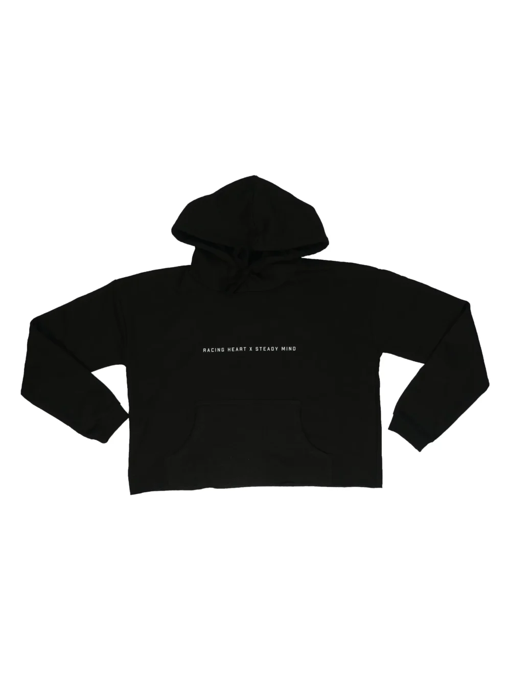 Flat lay of the RHSM Classic Fit Cropped Hoodie, showing the front with the minimalist chest graphic, front pouch pocket, and hood drawstrings.
