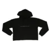 Flat lay of the RHSM Classic Fit Cropped Hoodie, showing the front with the minimalist chest graphic, front pouch pocket, and hood drawstrings.