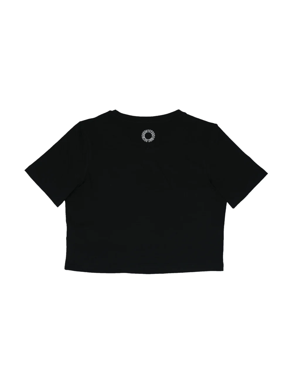 Back view of the black RHSM Flowstate crop top laid flat, showing the premium construction of the RHSM workout gear.