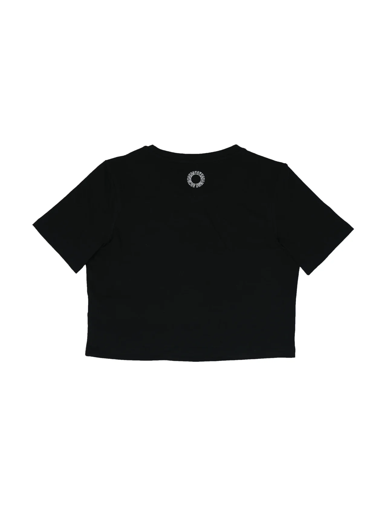 Back view of the black RHSM Flowstate crop top laid flat, showing the premium construction of the RHSM workout gear.