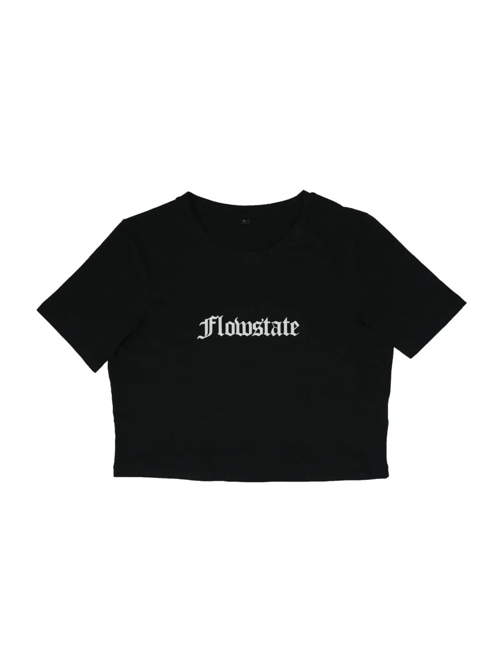 RHSM Flowstate Women's Crop Top in black laid flat, showing the "Flowstate" graphic on the 100% cotton calisthenics apparel.