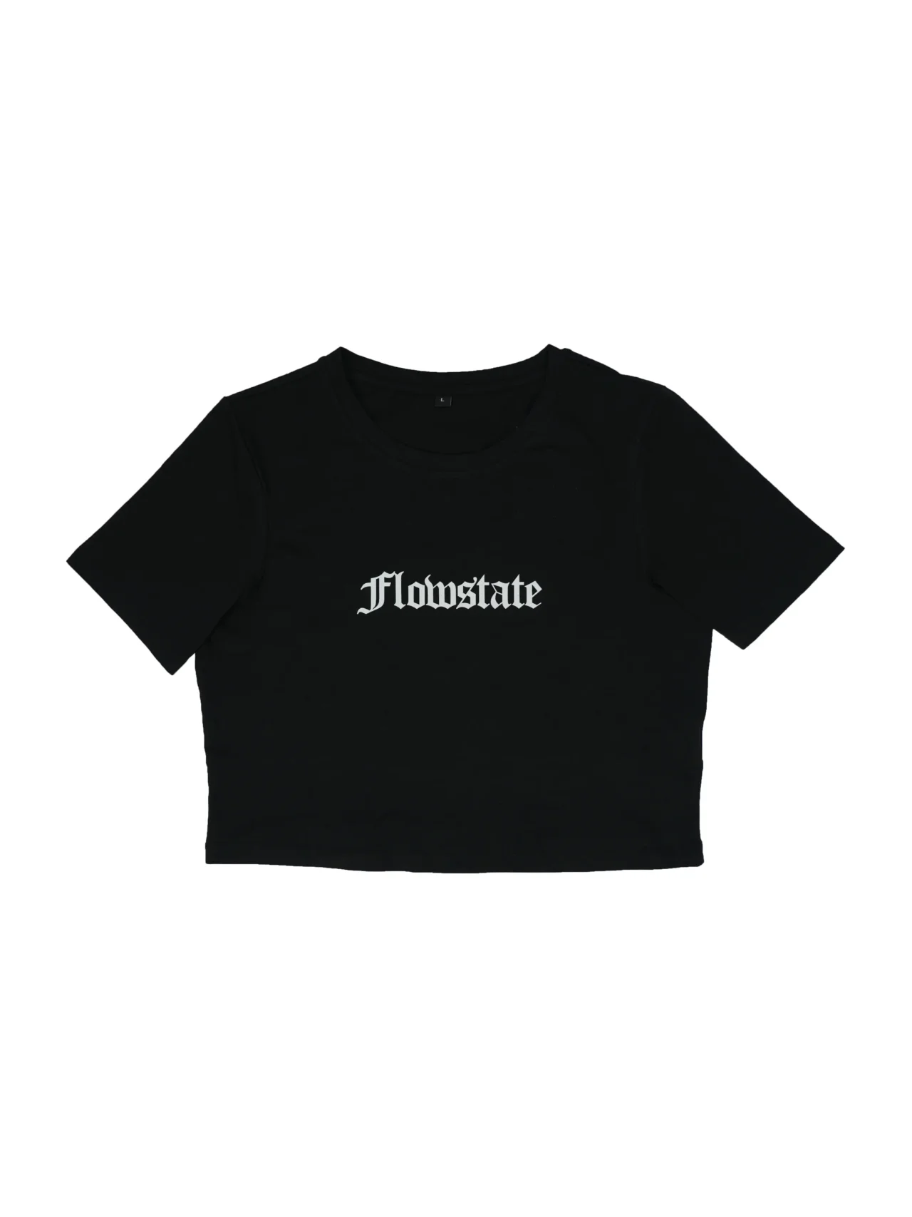RHSM Flowstate Women's Crop Top in black laid flat, showing the "Flowstate" graphic on the 100% cotton calisthenics apparel.
