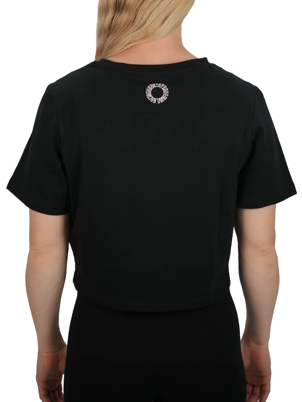 Model showing the back of the black crop top, representing the RHSM calisthenics clothing brand.