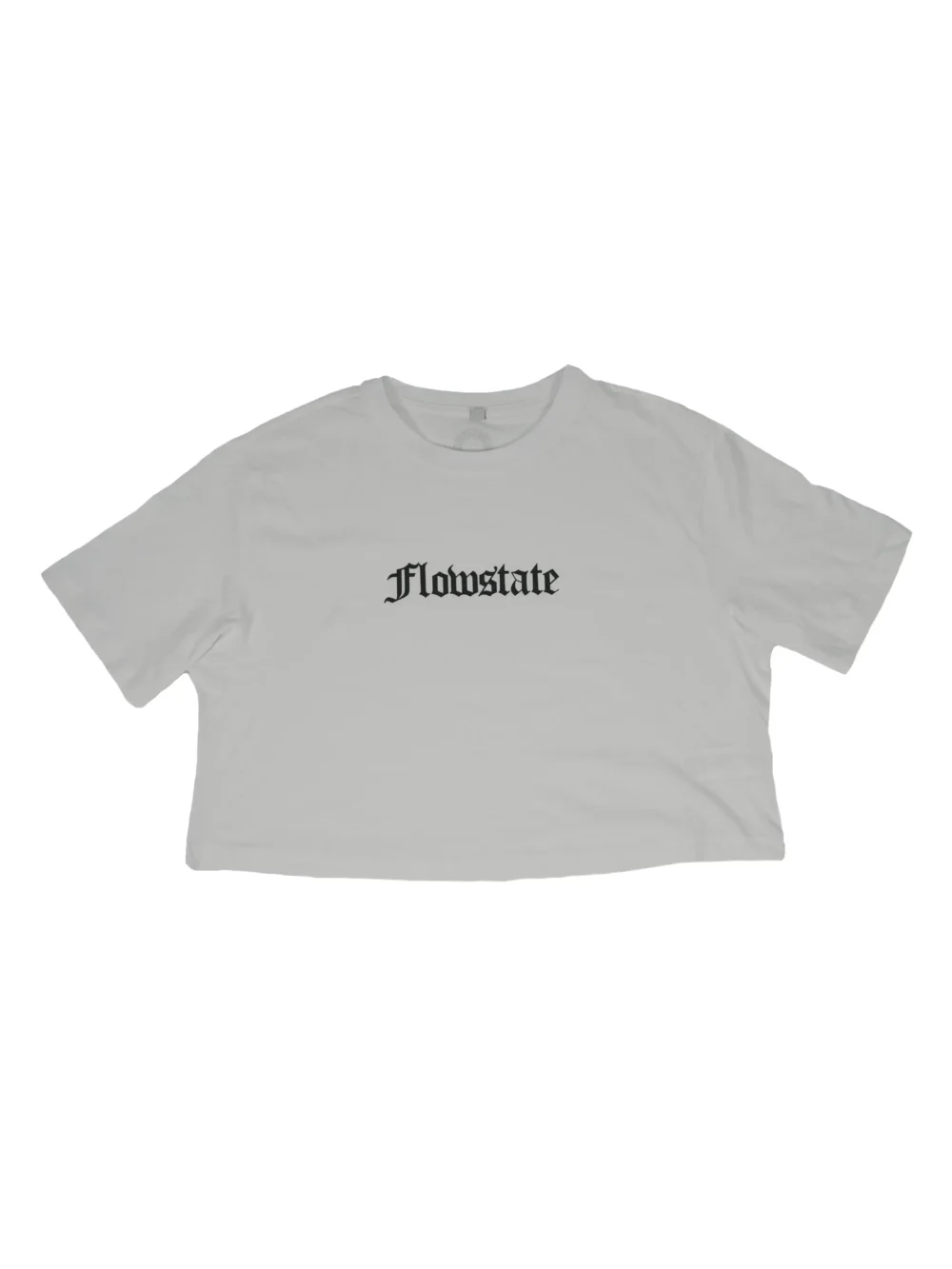 RHSM Flowstate Women's Crop Top in white laid flat, highlighting the clean "Flowstate" graphic on the premium calisthenics apparel.