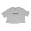 RHSM Flowstate Women's Crop Top in white laid flat, highlighting the clean "Flowstate" graphic on the premium calisthenics apparel.