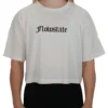 Model wearing the white RHSM Flowstate crop top, demonstrating the modern athletic cut of the women's fitness apparel.