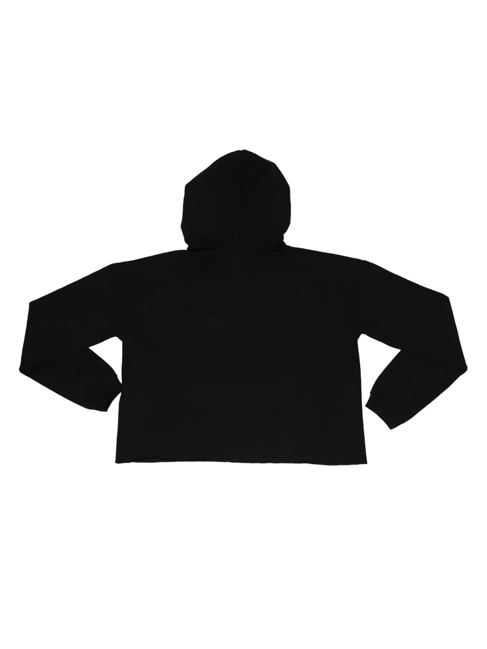 Back view of the black RHSM Flowstate cropped hoodie laid flat, showing the 80/20 cotton-poly blend construction of the RHSM workout gear.