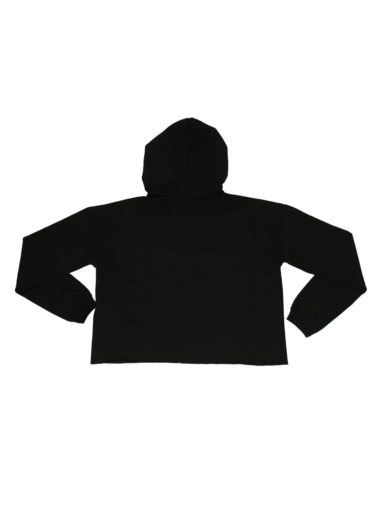 Back view of the black RHSM Flowstate cropped hoodie laid flat, showing the 80/20 cotton-poly blend construction of the RHSM workout gear.