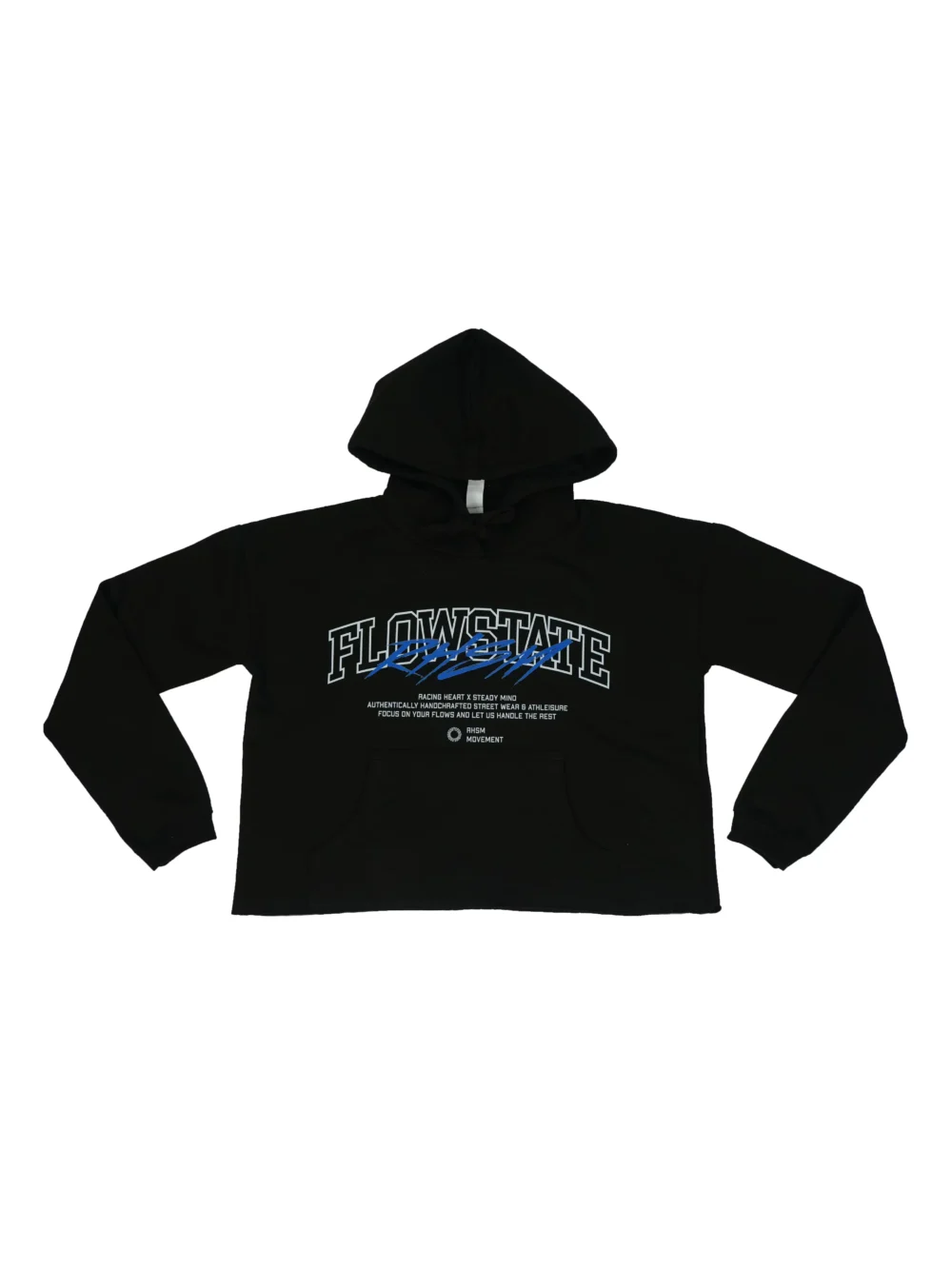 RHSM Flowstate Women's Cropped Hoodie in black laid flat, showing the "Flowstate" graphic on the premium calisthenics apparel.