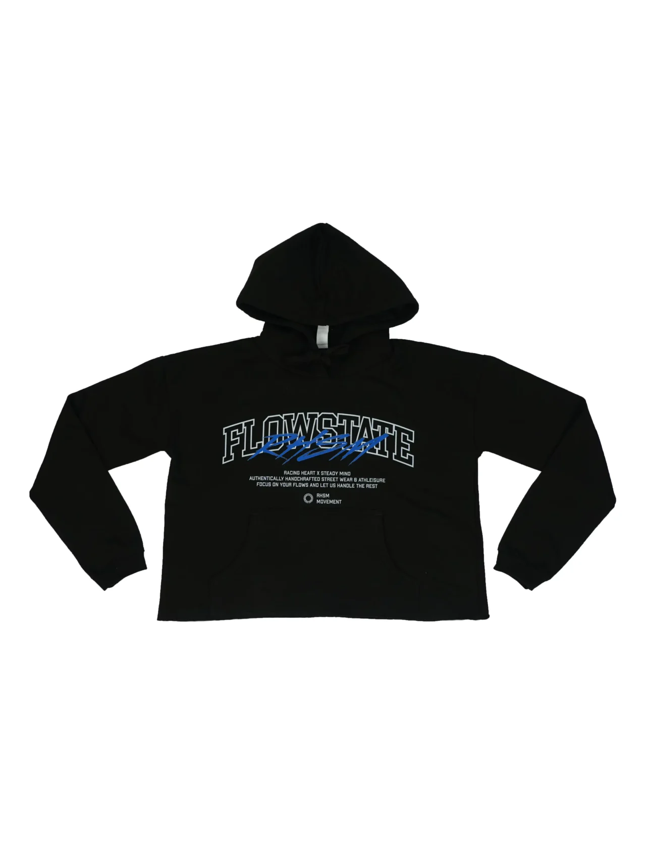 RHSM Flowstate Women's Cropped Hoodie in black laid flat, showing the "Flowstate" graphic on the premium calisthenics apparel.