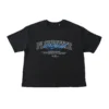 RHSM Flowstate Graphic Women's Boxy Tee in black laid flat, showing the intricate front graphic on the calisthenics apparel.