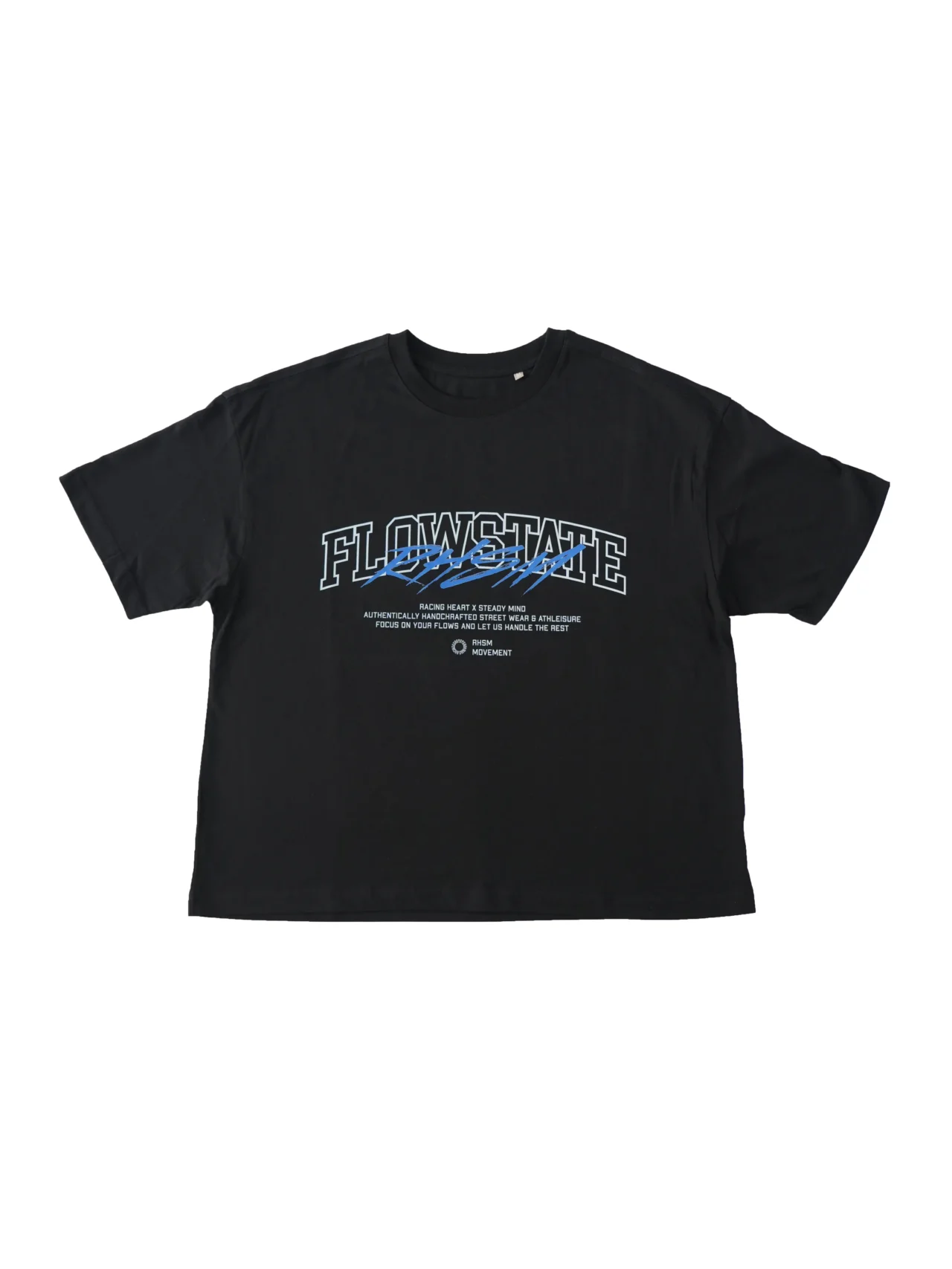 RHSM Flowstate Graphic Women's Boxy Tee in black laid flat, showing the intricate front graphic on the calisthenics apparel.