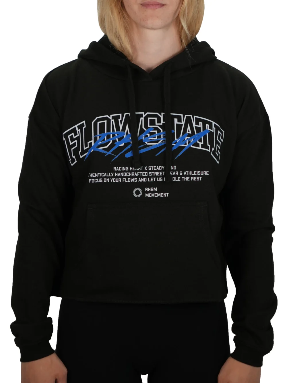 Model wearing the black RHSM Flowstate cropped hoodie, demonstrating the athletic cropped fit of the fitness apparel.